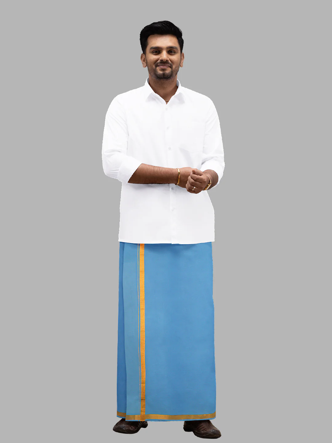 Men Cotton Blend Single Layer Blue Dhoti with Gold Jari Border Cosmic 4 - Image 4