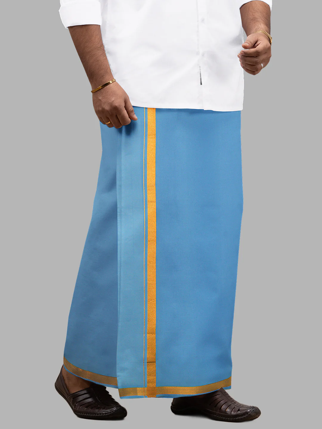 Men Cotton Blend Single Layer Blue Dhoti with Gold Jari Border Cosmic 4 - Image 5