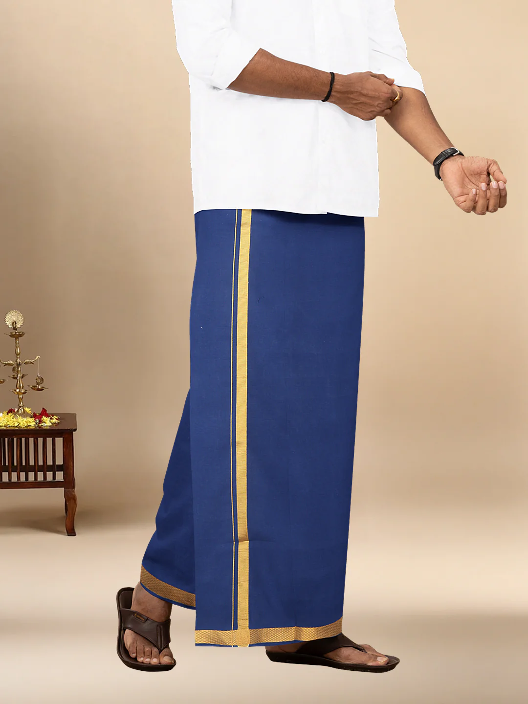Men Cotton Blend Single Layer Blue Dhoti with Gold Jari Border Cosmic - Image 5