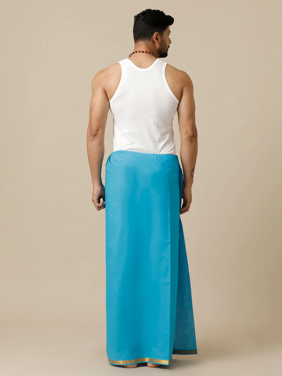Men Cotton Blend Single Layer Blue Dhoti with Gold Jari Border Cosmic 8 - Image 3