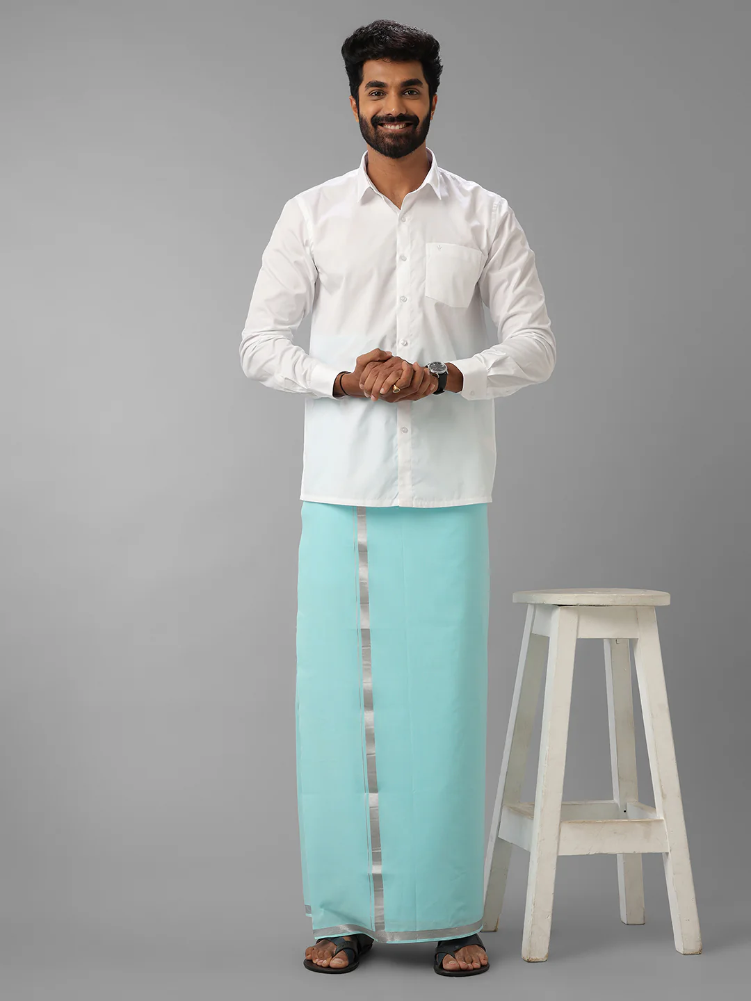 Men Cotton Blend Single Layer Blue Dhoti with Silver Jari Border Cosmic - Image 3