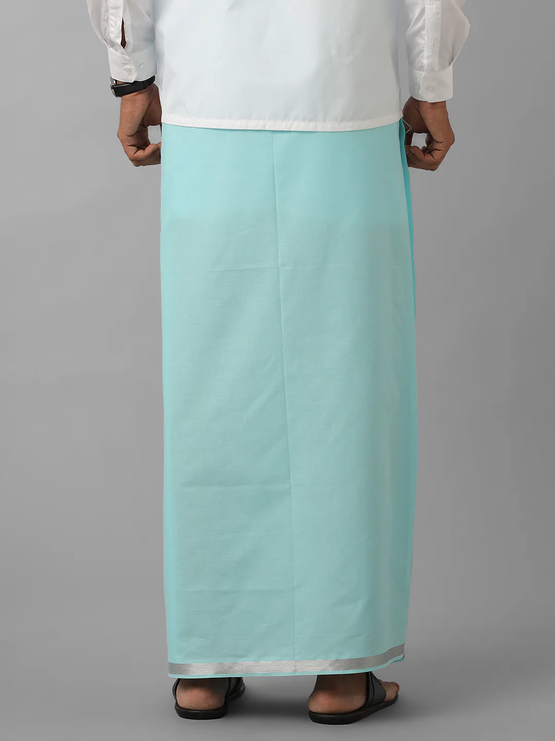 Men Cotton Blend Single Layer Blue Dhoti with Silver Jari Border Cosmic - Image 4