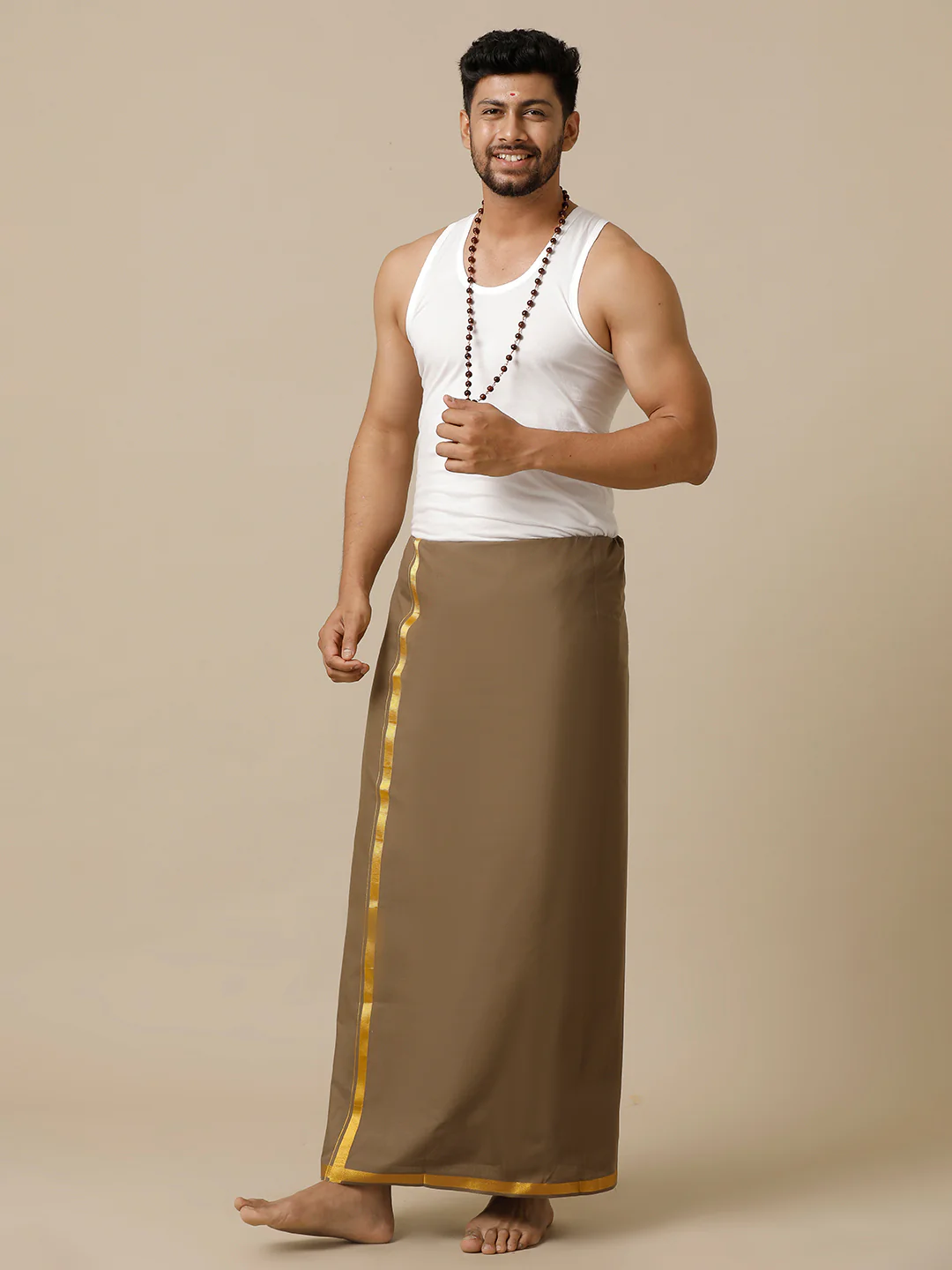 Men Cotton Blend Single Layer Brown Dhoti with Gold Jari Border Cosmic 12 - Image 3