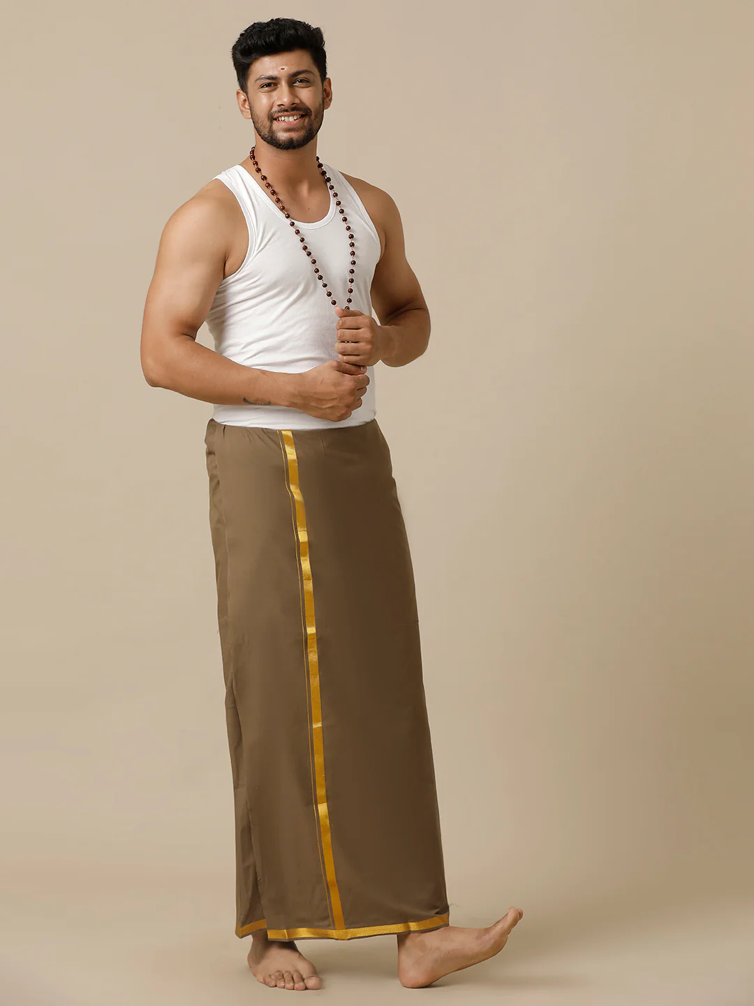 Men Cotton Blend Single Layer Brown Dhoti with Gold Jari Border Cosmic 12 - Image 4