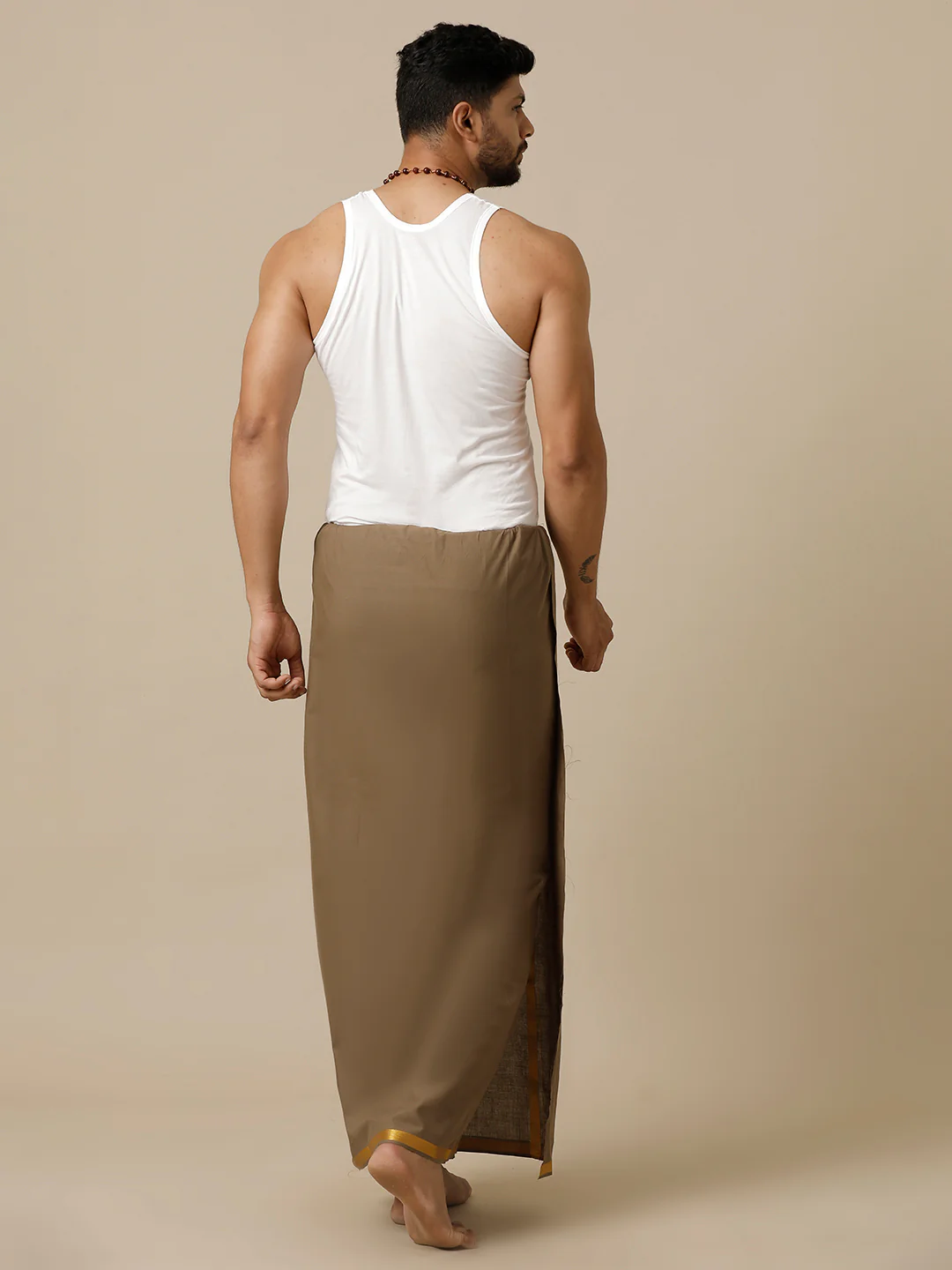 Men Cotton Blend Single Layer Brown Dhoti with Gold Jari Border Cosmic 12 - Image 6