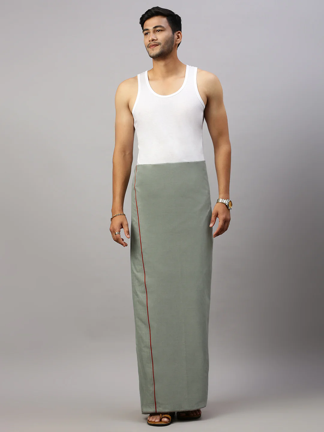 Men Cotton Blend Single Layer Cement Dhoti with Assorted Border Bhakta - Image 2