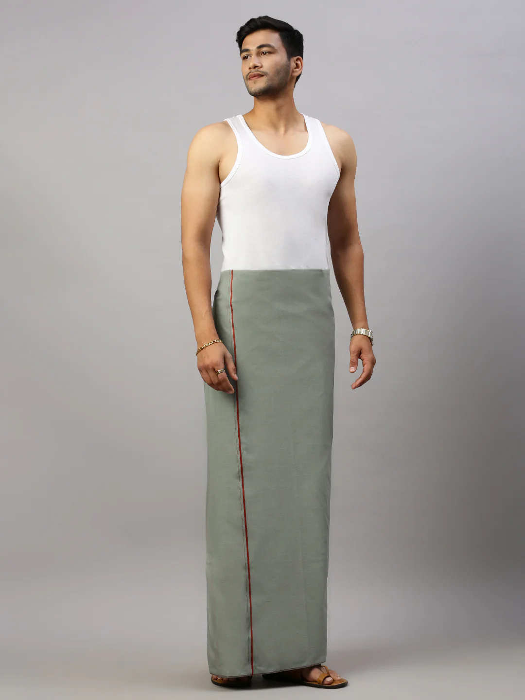 Men Cotton Blend Single Layer Cement Dhoti with Assorted Border Bhakta - Image 3