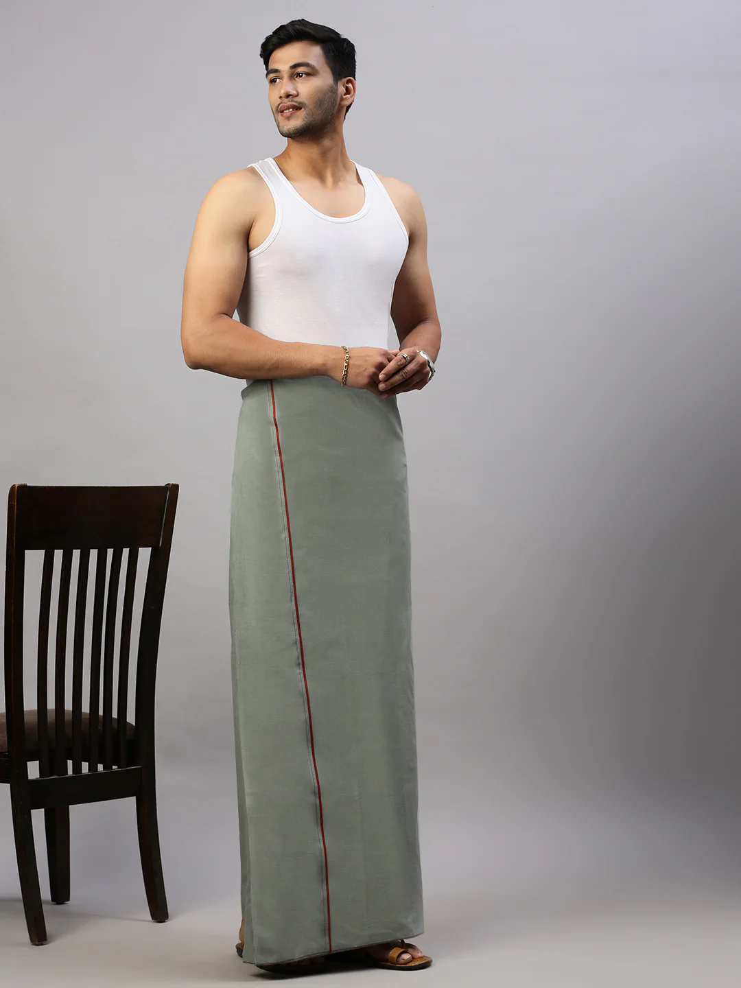 Men Cotton Blend Single Layer Cement Dhoti with Assorted Border Bhakta - Image 4