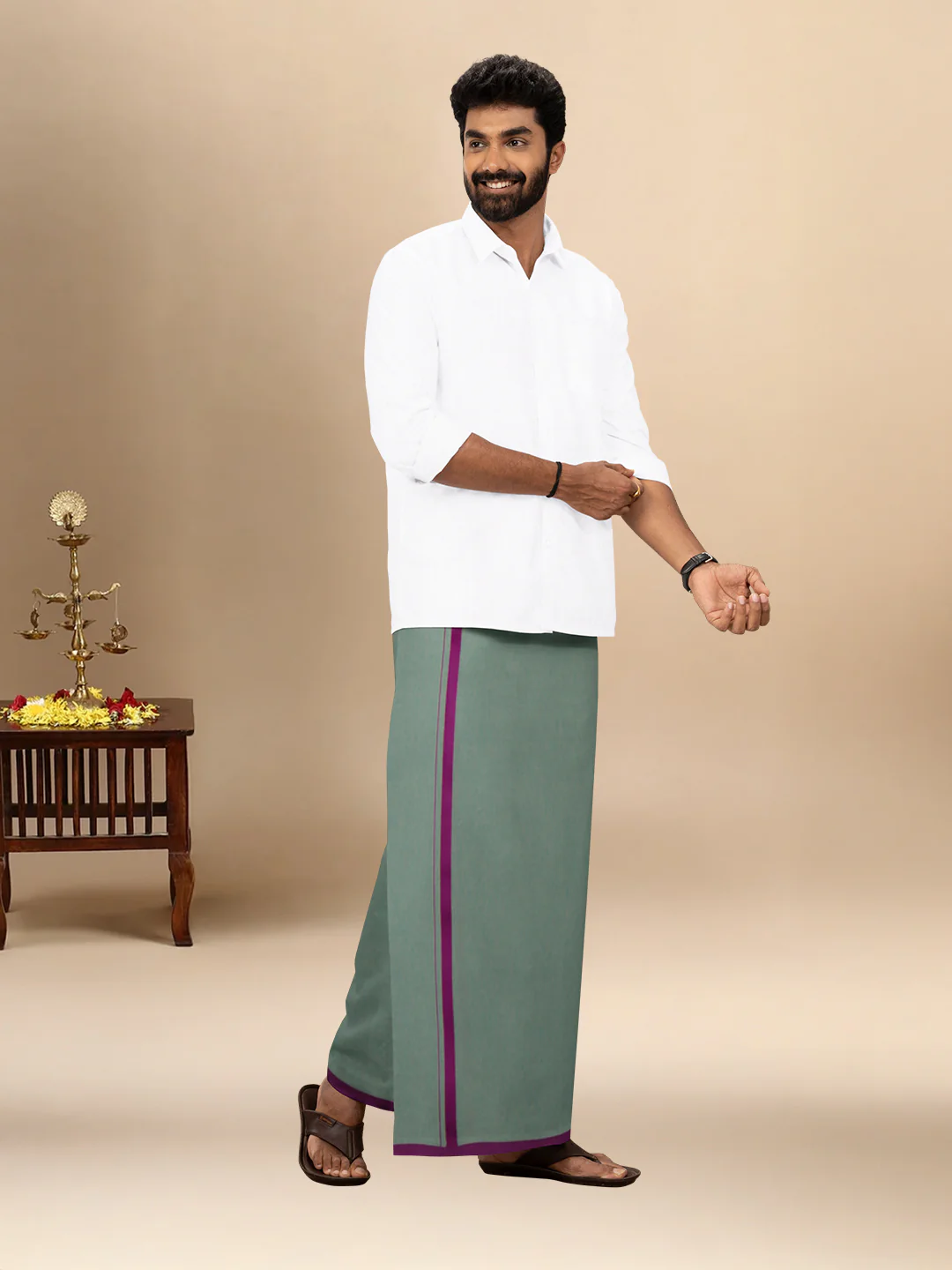 Men 100% Cotton Single Layer Cement Dhoti with Big Border Poojan - Image 2