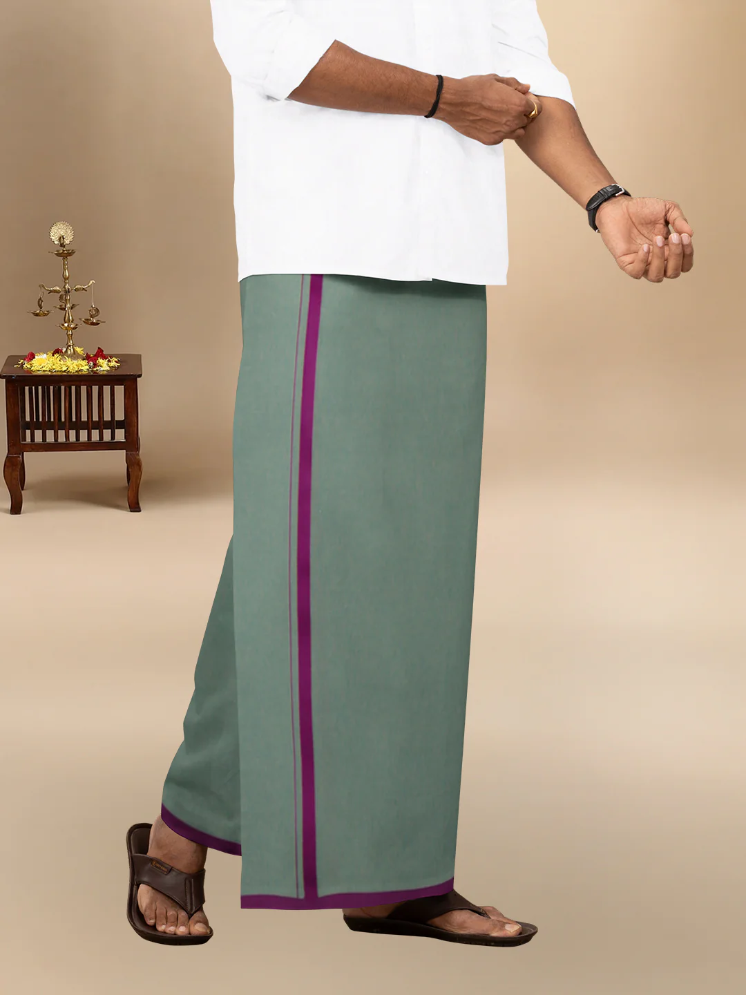 Men 100% Cotton Single Layer Cement Dhoti with Big Border Poojan - Image 3