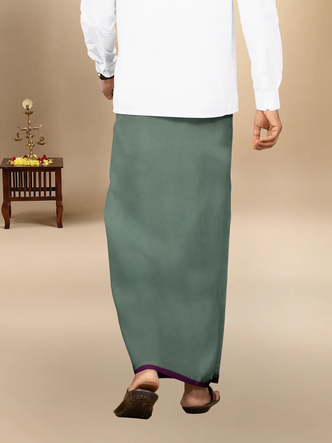 Men 100% Cotton Single Layer Cement Dhoti with Big Border Poojan - Image 4