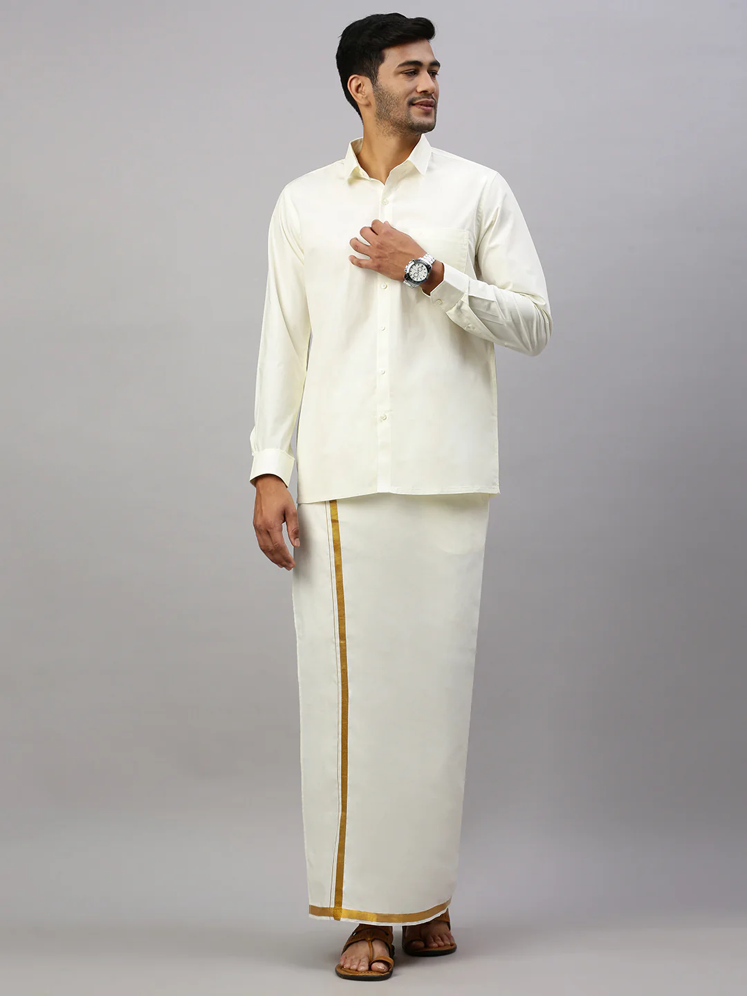 Men Cotton Blend Single Layer Cream Dhoti with 1/2" Gold Jari Border Silver Sun - Image 3