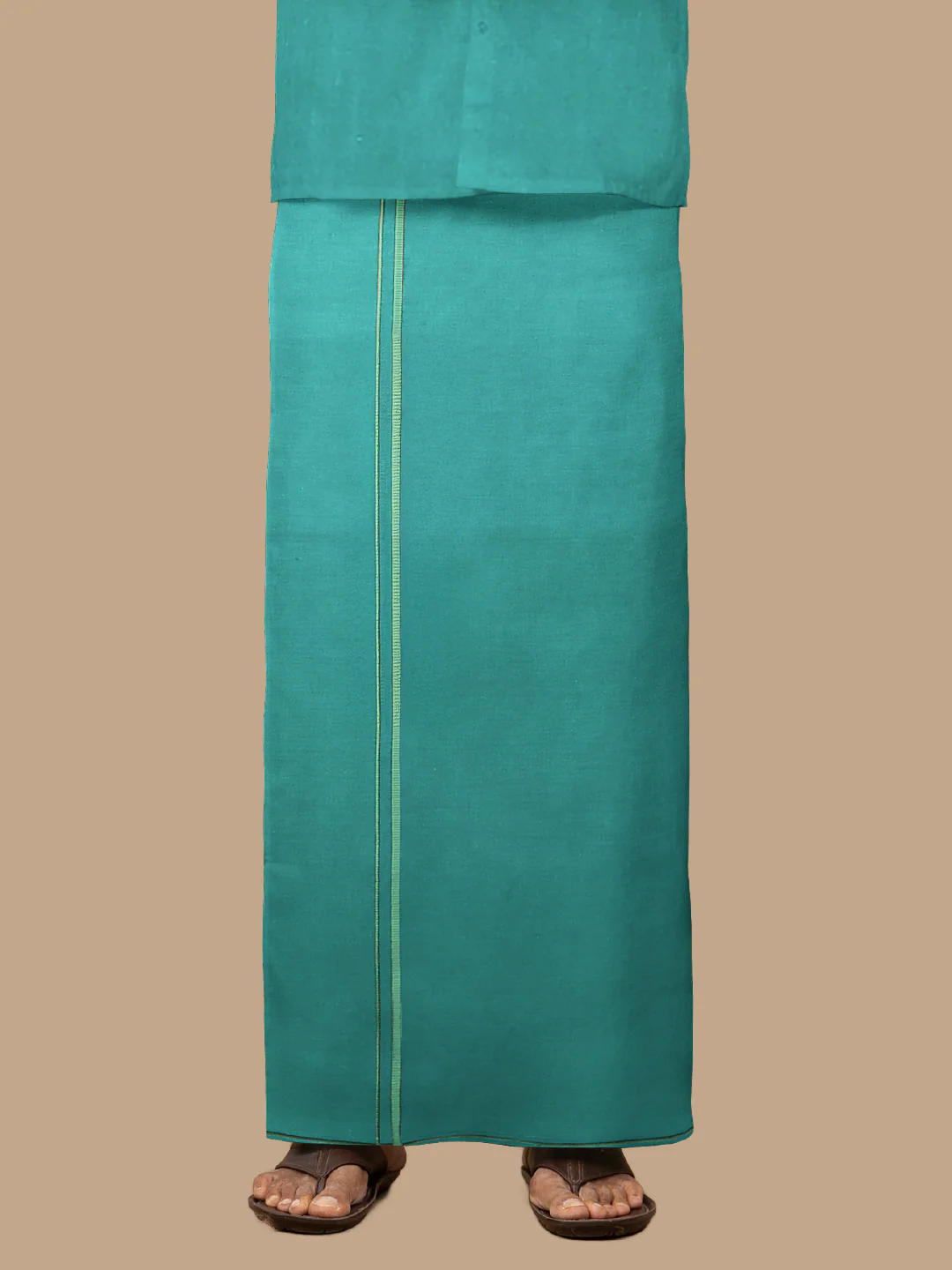Men Cotton Blend Single Layer Dhoti & Towel Set Green with Assorted Border Poojan - Image 2