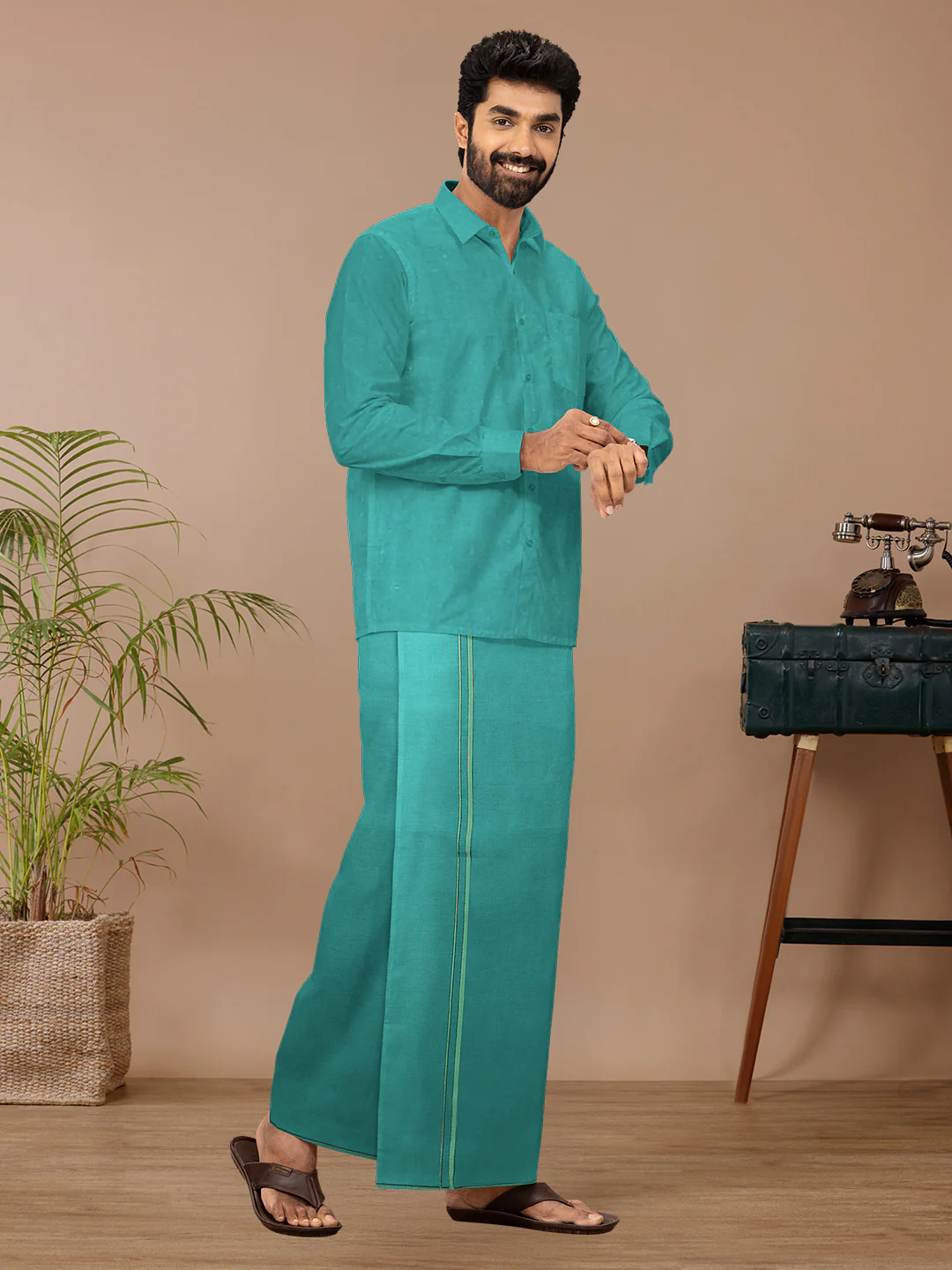 Men Cotton Blend Single Layer Dhoti & Towel Set Green with Assorted Border Poojan - Image 3