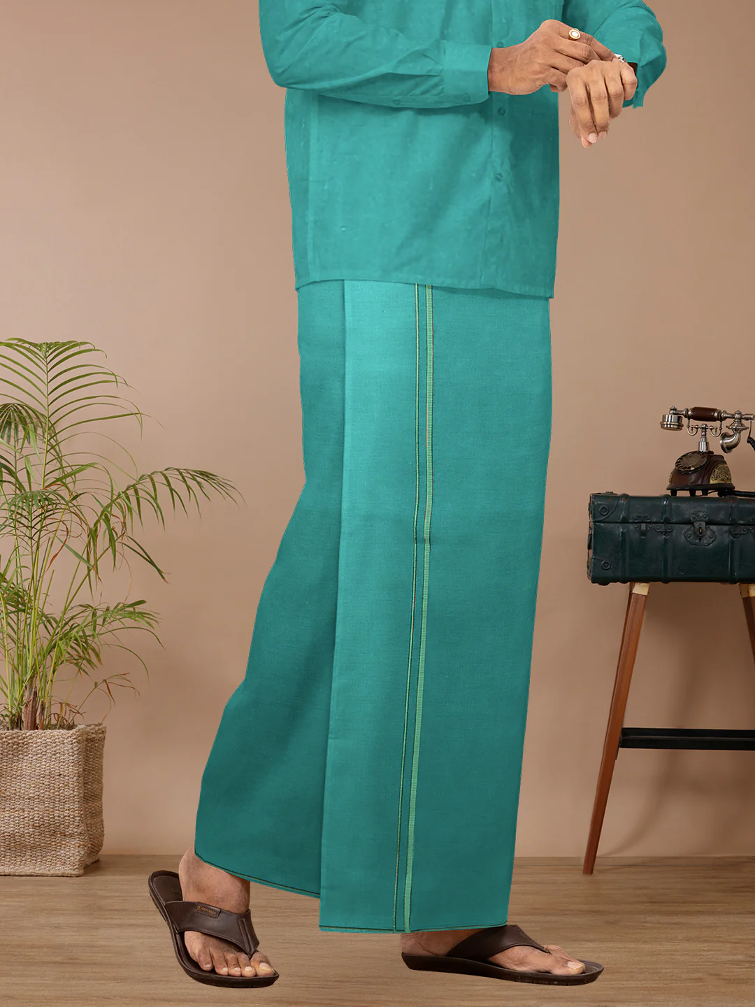 Men Cotton Blend Single Layer Dhoti & Towel Set Green with Assorted Border Poojan - Image 4