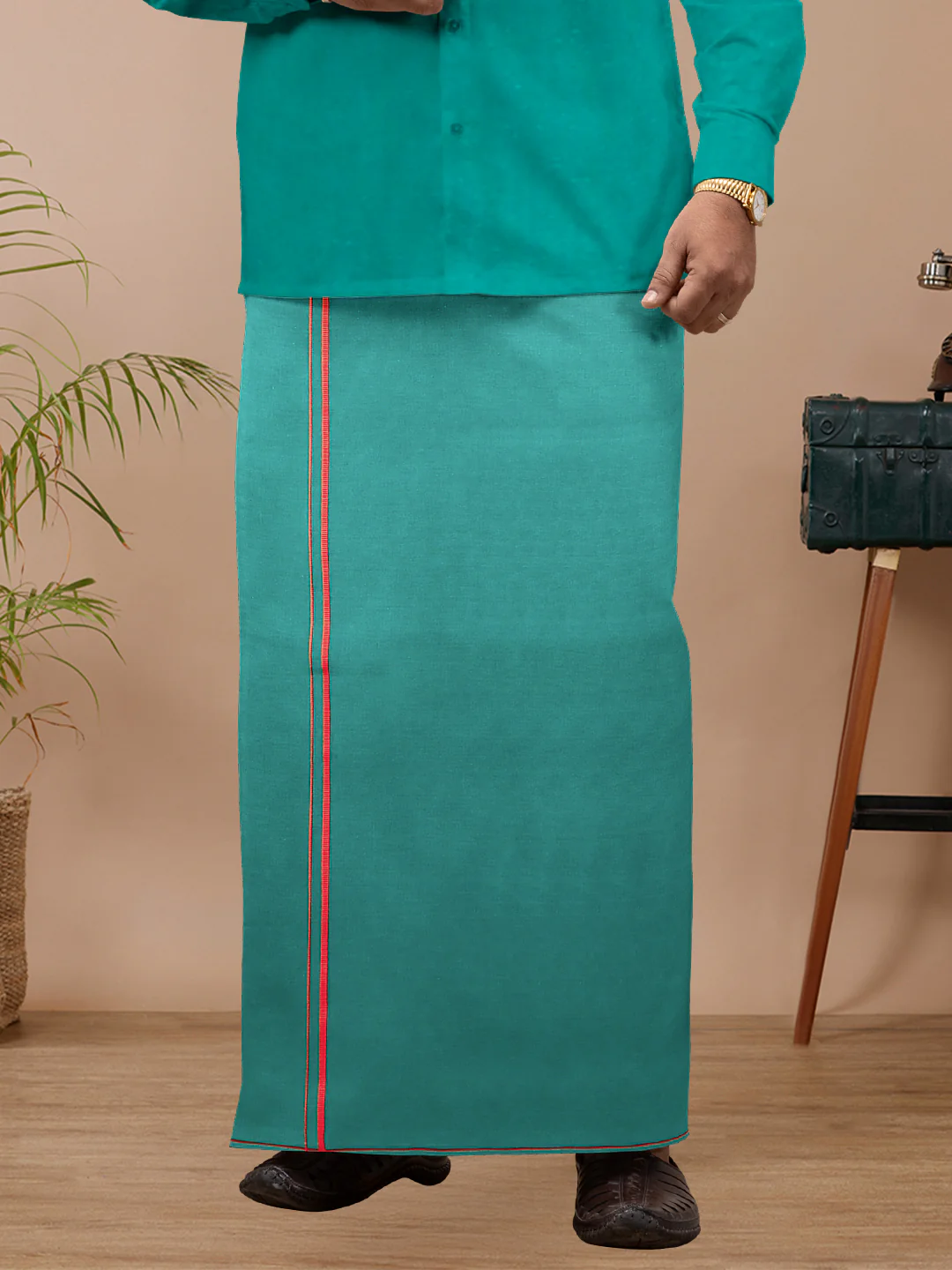 Men Cotton Blend Single Layer Dhoti & Towel Set Green  with Assorted Border Spiritual - Image 2
