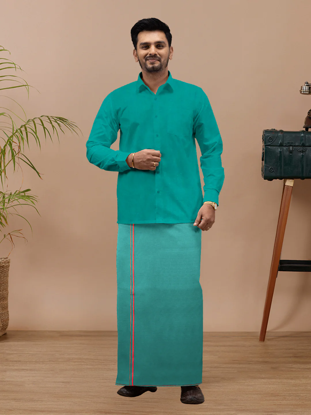 Men Cotton Blend Single Layer Dhoti & Towel Set Green  with Assorted Border Spiritual - Image 3