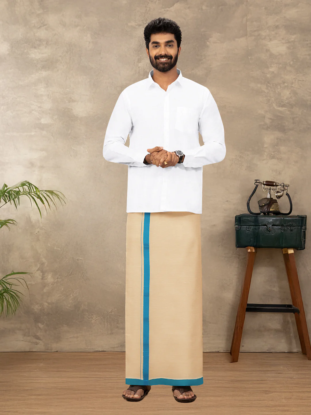 Men Cotton Blend Single Layer Gold Dhoti with Big Border Yogi Spl2 - Image 2