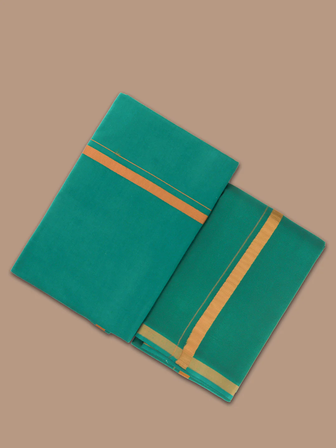 Men Cotton Blend Single Layer Green Dhoti & Towel Set with Assorted Border Poojan
