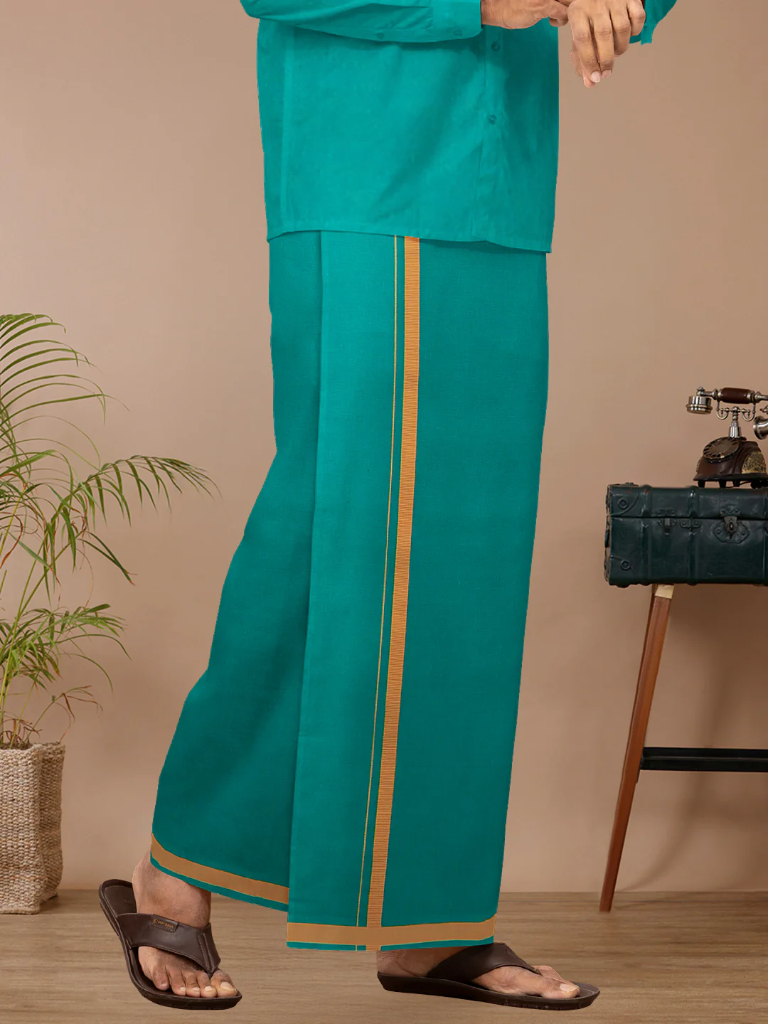 Men Cotton Blend Single Layer Green Dhoti & Towel Set with Assorted Border Poojan - Image 2