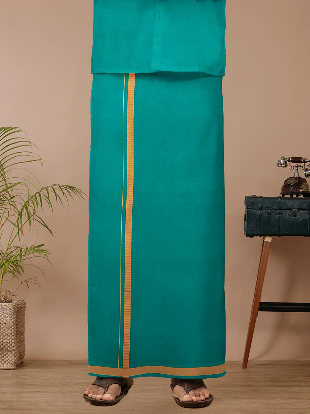 Men Cotton Blend Single Layer Green Dhoti & Towel Set with Assorted Border Poojan - Image 3