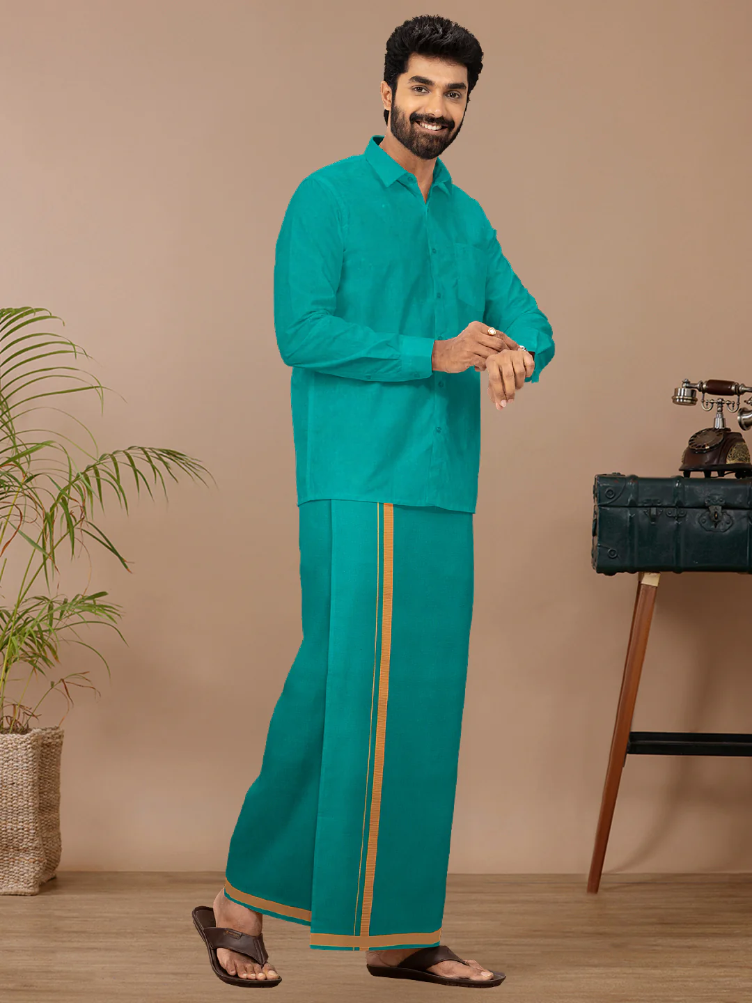 Men Cotton Blend Single Layer Green Dhoti & Towel Set with Assorted Border Poojan - Image 5