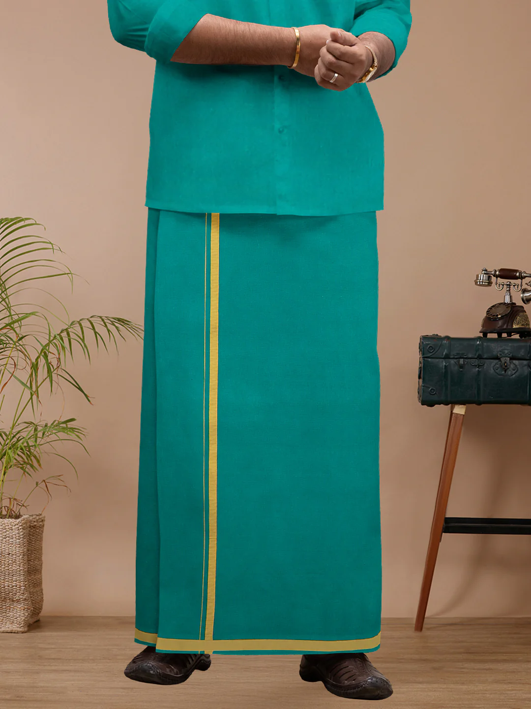 Men Cotton Blend Single Layer Green Dhoti & Towel Set with Assorted Border Spiritual - Image 2