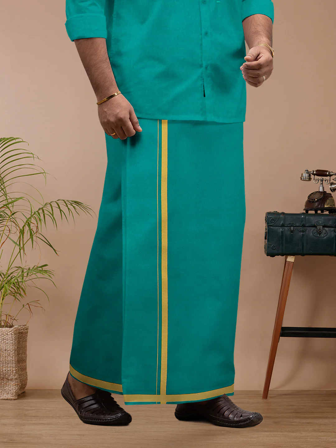 Men Cotton Blend Single Layer Green Dhoti & Towel Set with Assorted Border Spiritual - Image 3