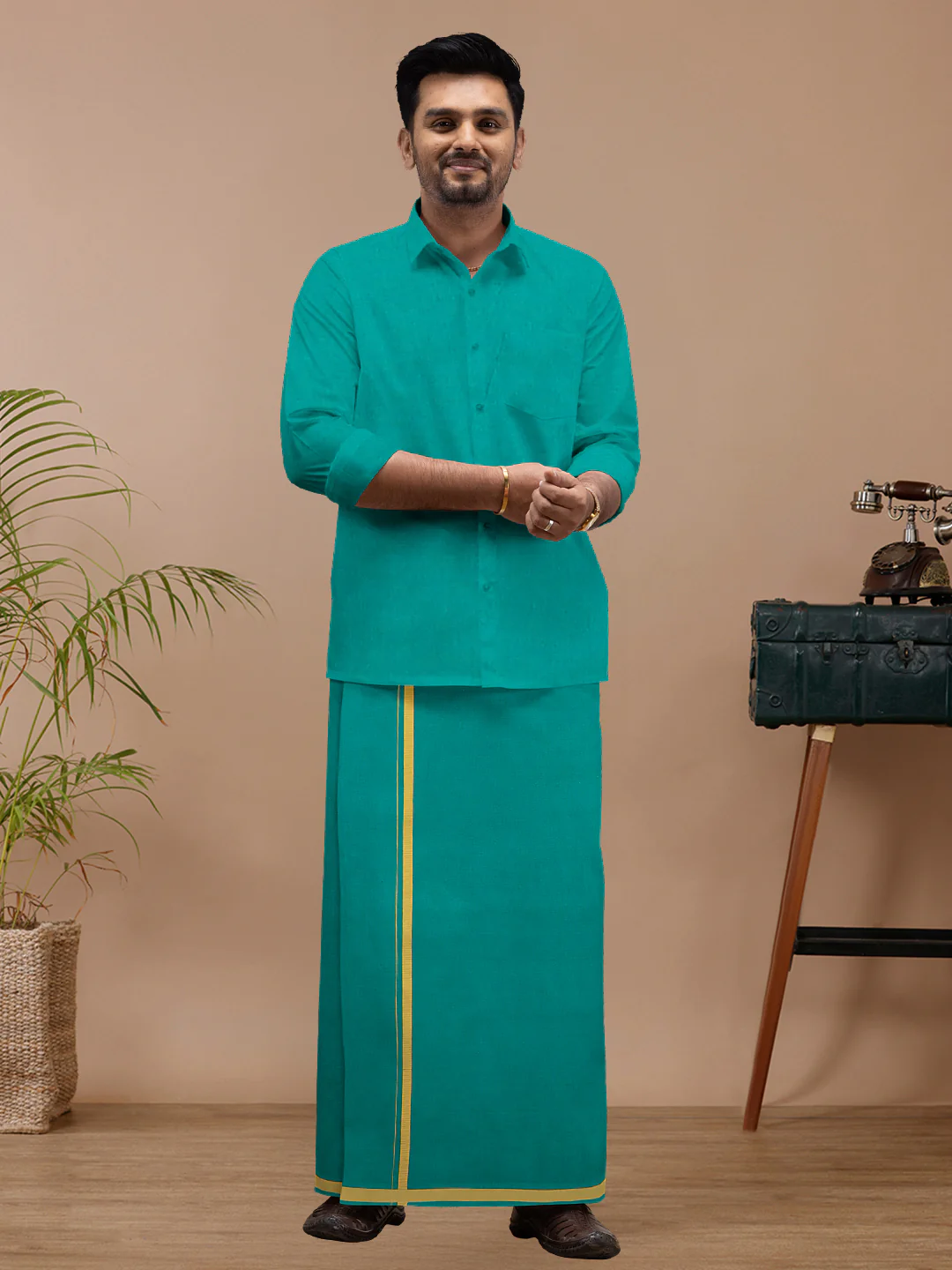Men Cotton Blend Single Layer Green Dhoti & Towel Set with Assorted Border Spiritual - Image 5