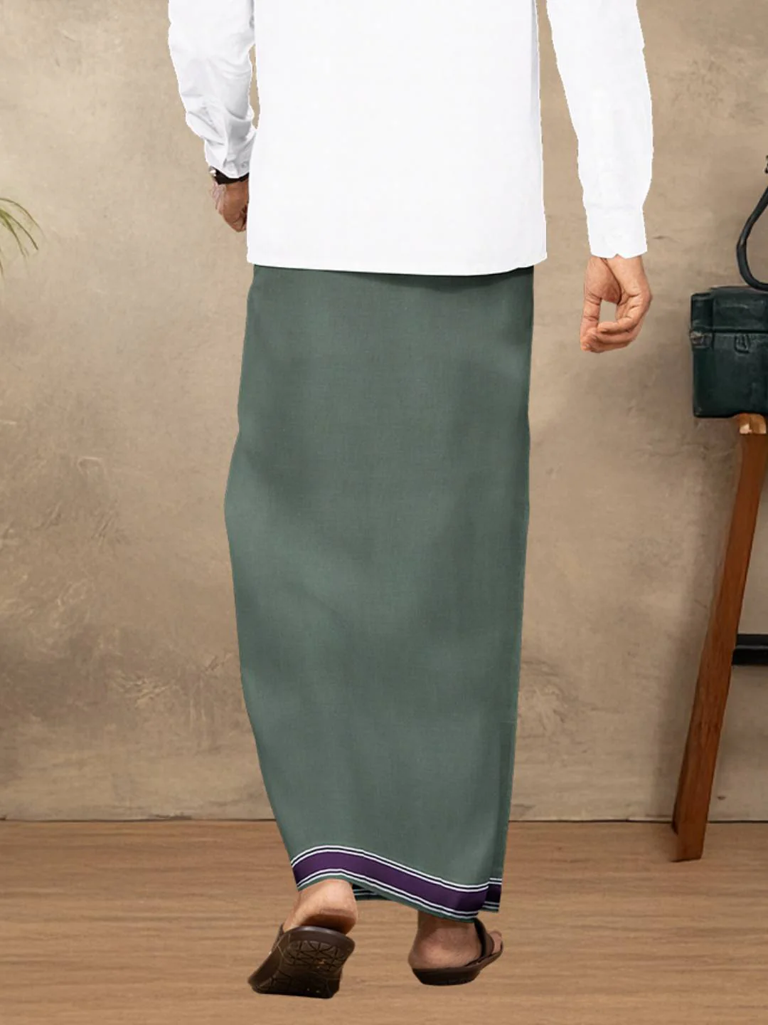 Men Cotton Blend Single Layer Green Dhoti with Fancy Border Charming Line 5 - Image 3