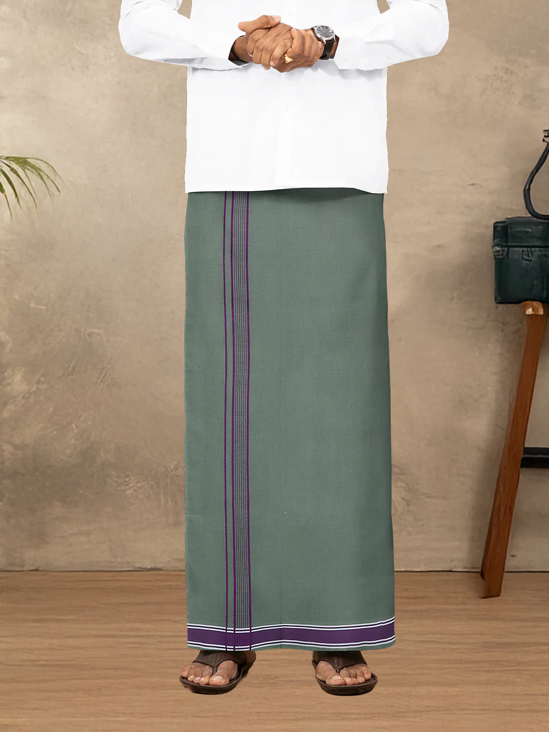 Men Cotton Blend Single Layer Green Dhoti with Fancy Border Charming Line 5 - Image 5