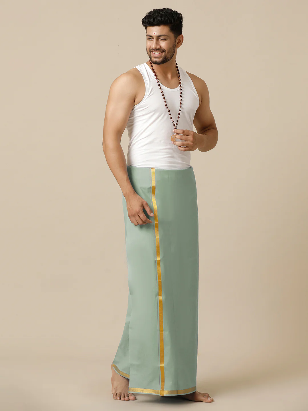Men Cotton Blend Single Layer Green Dhoti with Gold Jari Border Cosmic 10 - Image 2