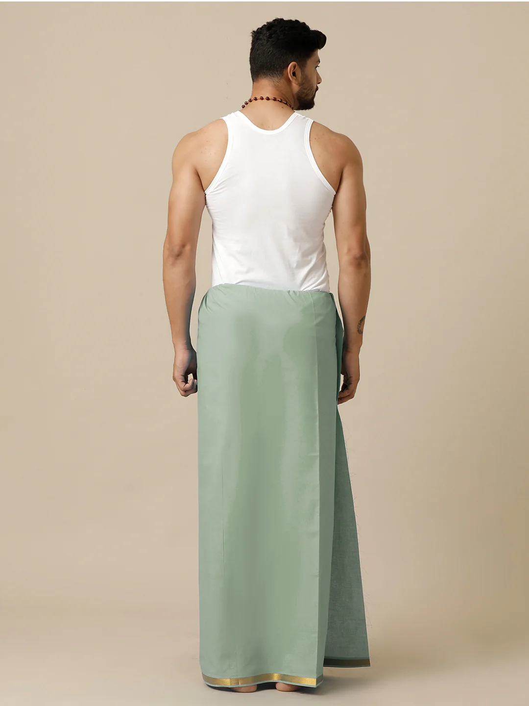 Men Cotton Blend Single Layer Green Dhoti with Gold Jari Border Cosmic 10 - Image 3