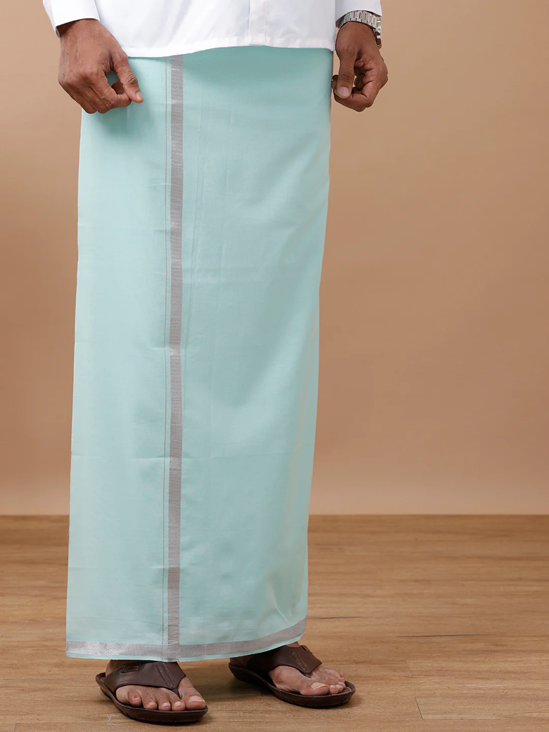 Men Cotton Blend Single Layer Green Dhoti with Silver Jari Border - Image 2