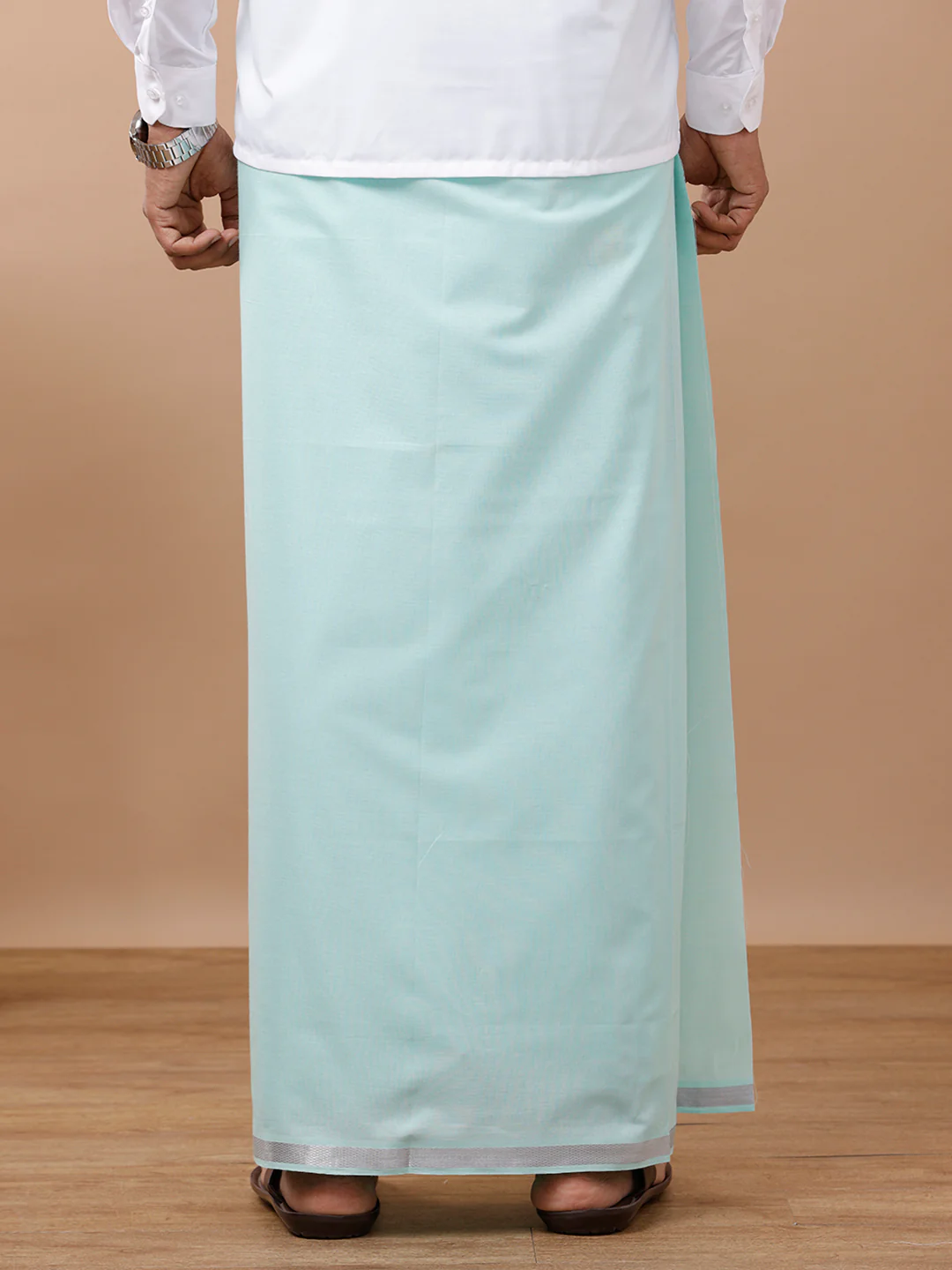 Men Cotton Blend Single Layer Green Dhoti with Silver Jari Border - Image 4
