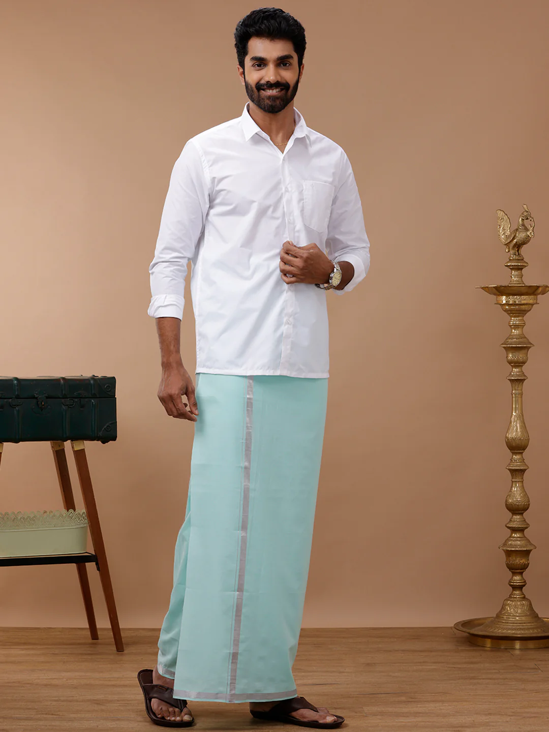 Men Cotton Blend Single Layer Green Dhoti with Silver Jari Border - Image 5