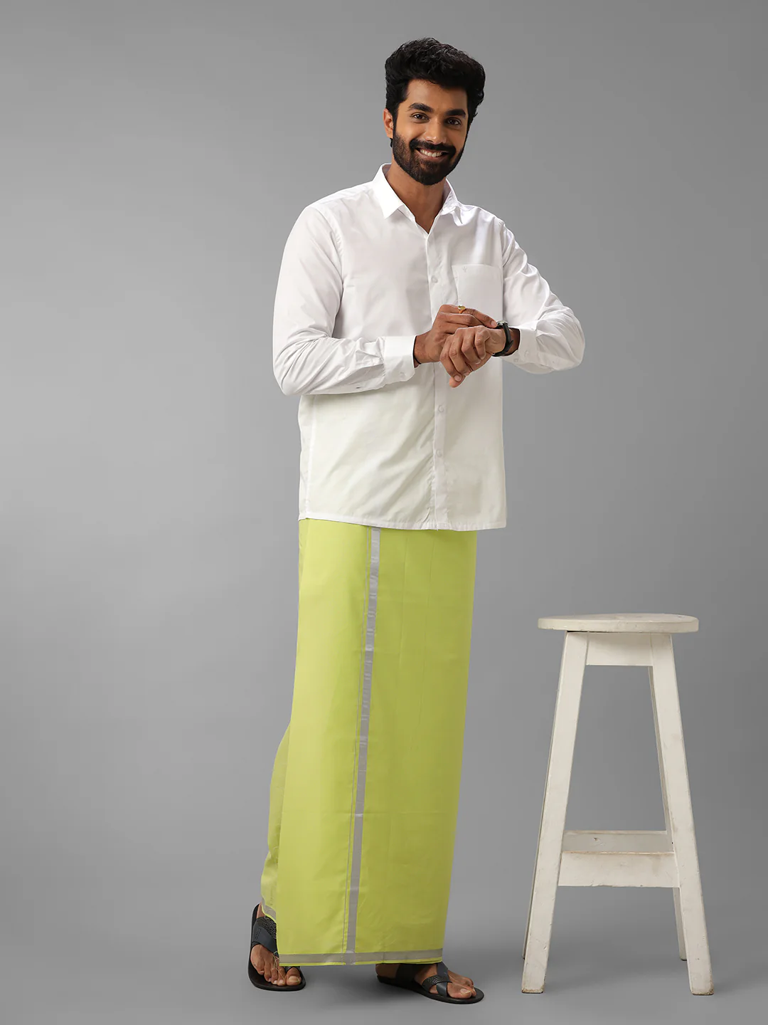 Men Cotton Blend Single Layer Green Dhoti with Silver Jari Border - Image 3