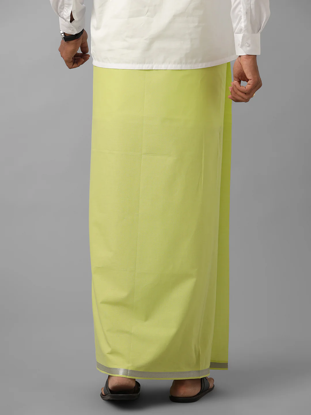 Men Cotton Blend Single Layer Green Dhoti with Silver Jari Border - Image 4