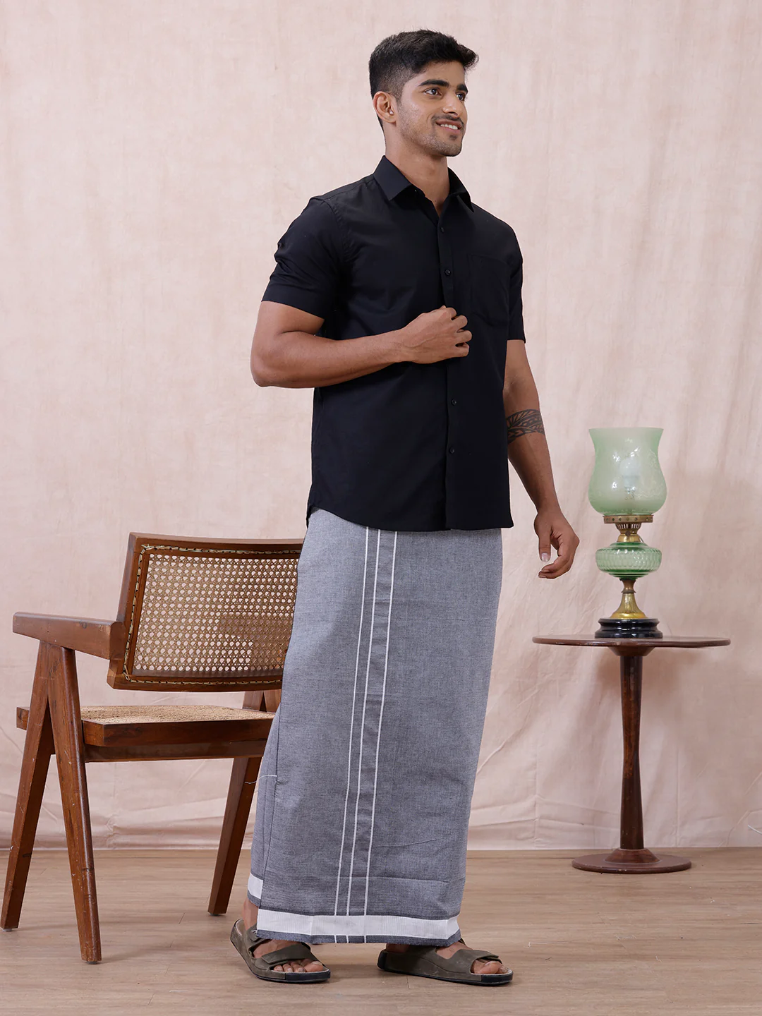 Men Cotton Blend Single Layer Grey Dhoti with Fancy Border Nitro Plain 01 - Image 3