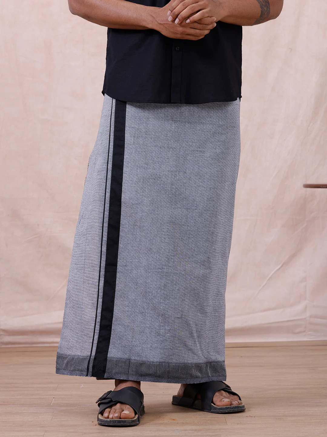 Men Cotton Blend Single Layer Grey Dhoti with Fancy Border Nitro Plain 02 - Image 2