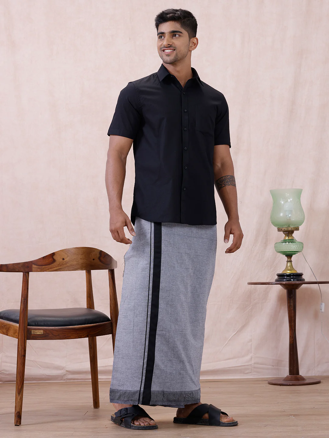Men Cotton Blend Single Layer Grey Dhoti with Fancy Border Nitro Plain 02 - Image 3