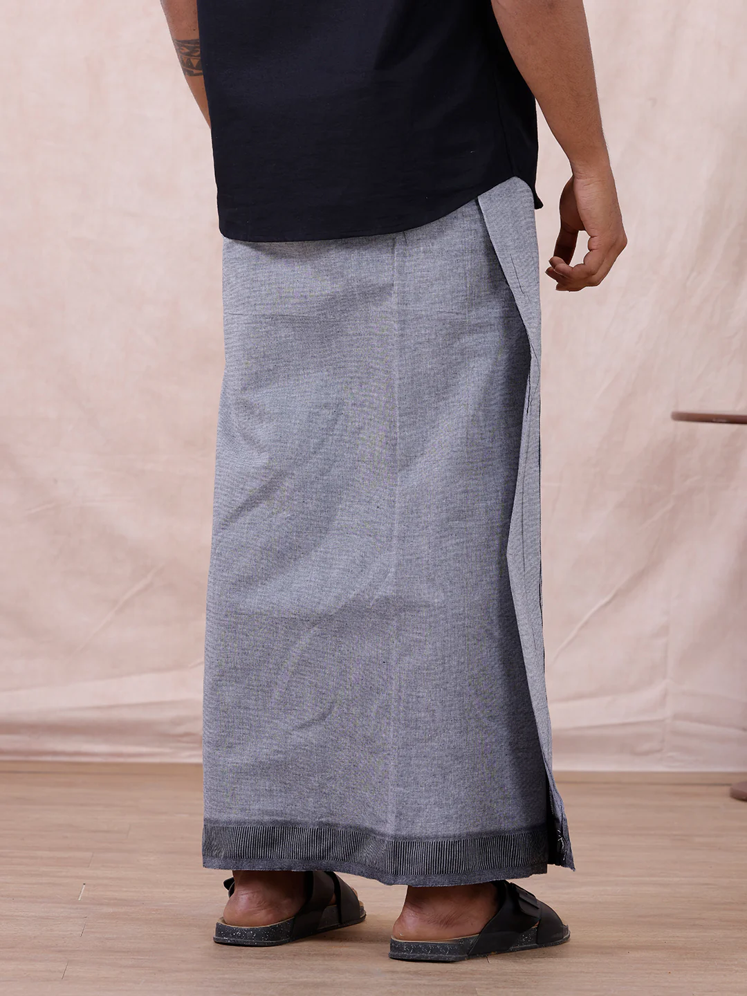 Men Cotton Blend Single Layer Grey Dhoti with Fancy Border Nitro Plain 02 - Image 4