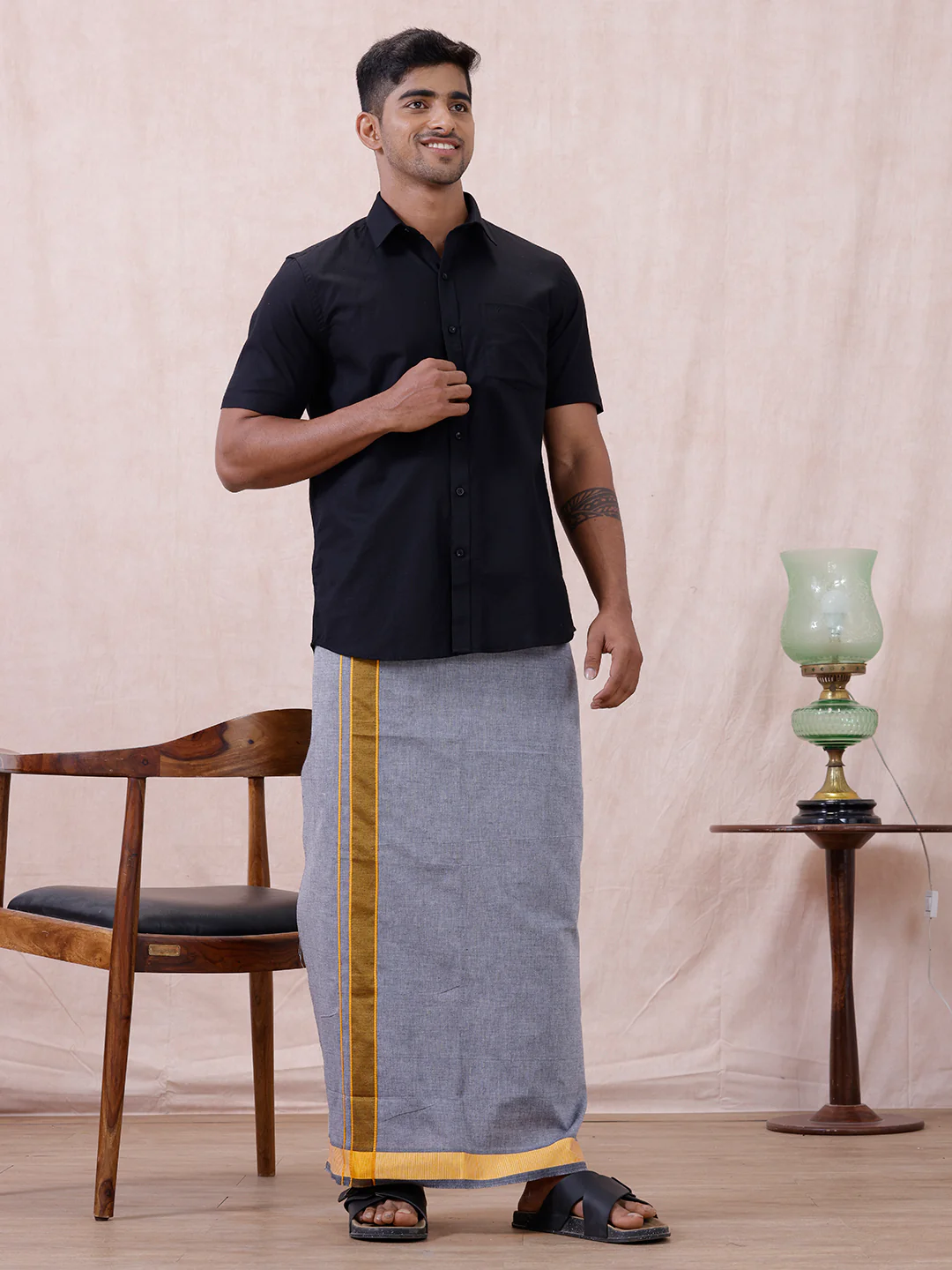 Men Cotton Blend Single Layer Grey Dhoti with Fancy Border Nitro Plain 03 - Image 3