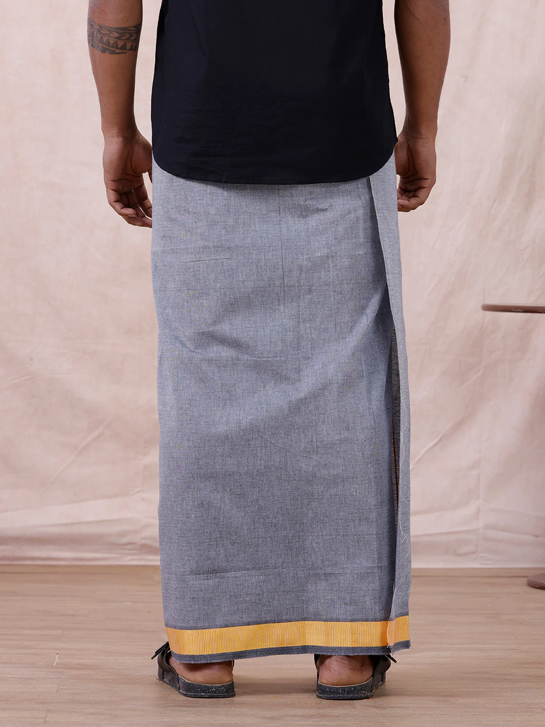 Men Cotton Blend Single Layer Grey Dhoti with Fancy Border Nitro Plain 03 - Image 4