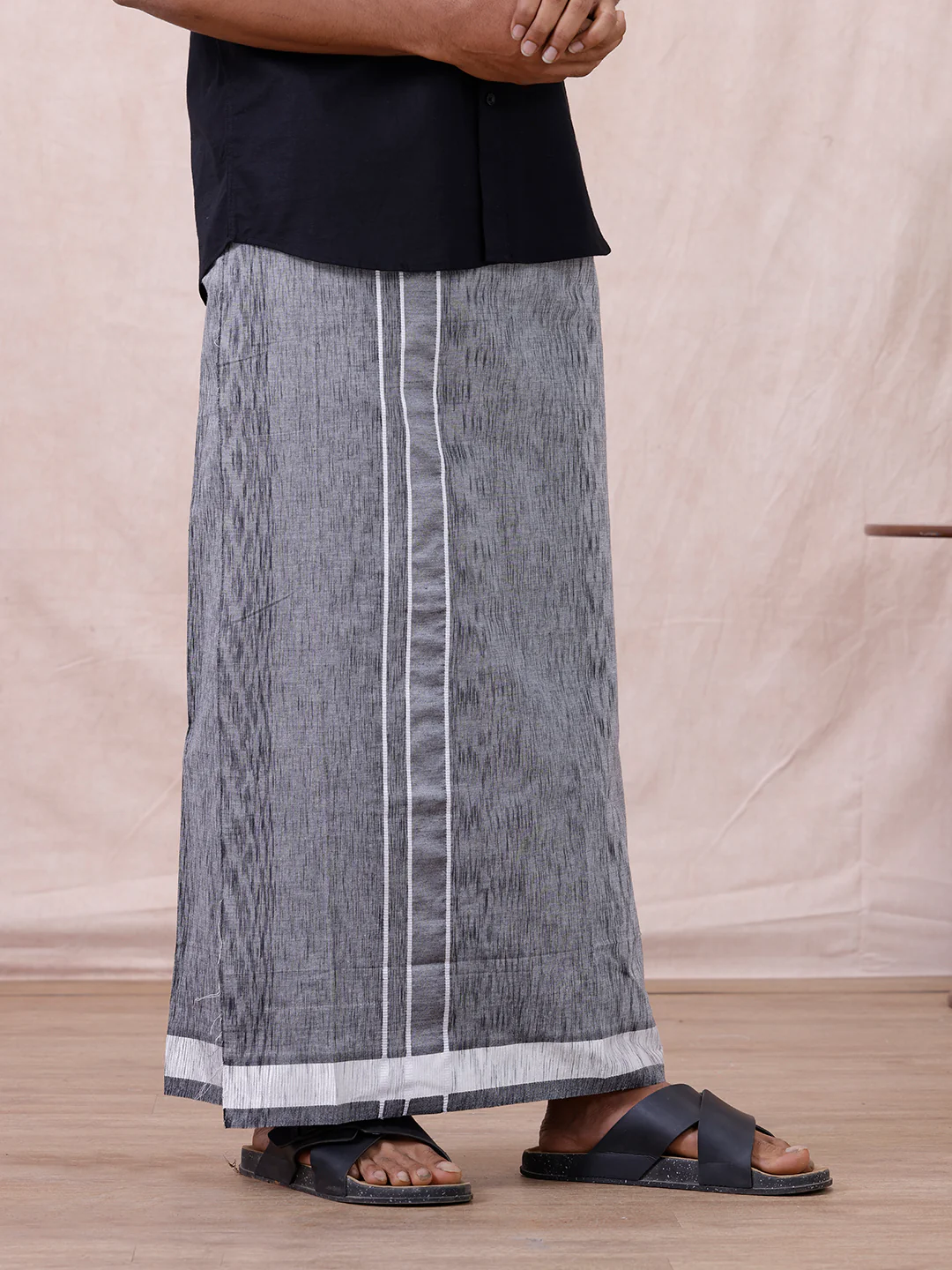 Men Cotton Blend Single Layer Grey Dhoti with Fancy Border Nitro Slub 01 - Image 2
