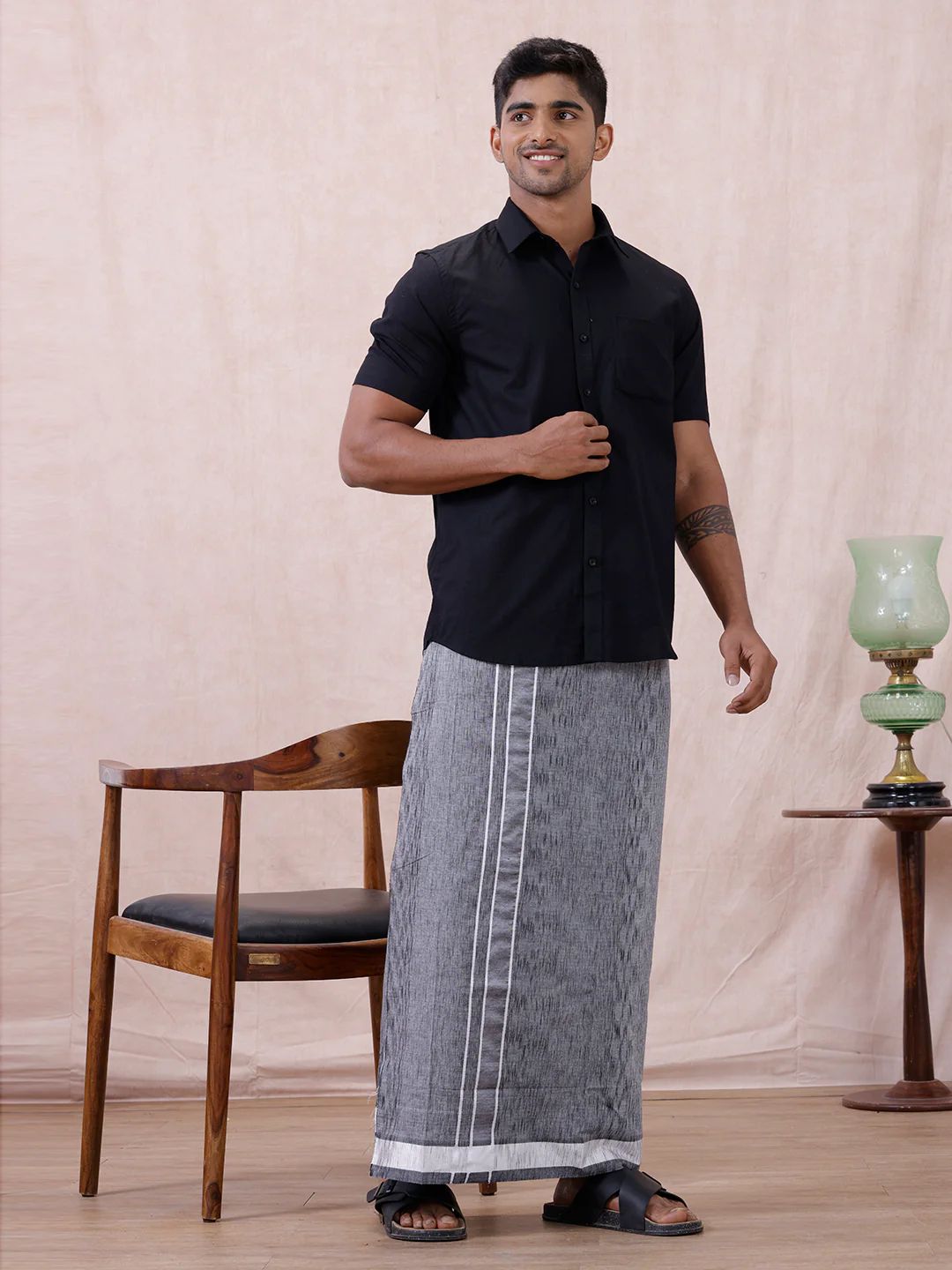 Men Cotton Blend Single Layer Grey Dhoti with Fancy Border Nitro Slub 01 - Image 3