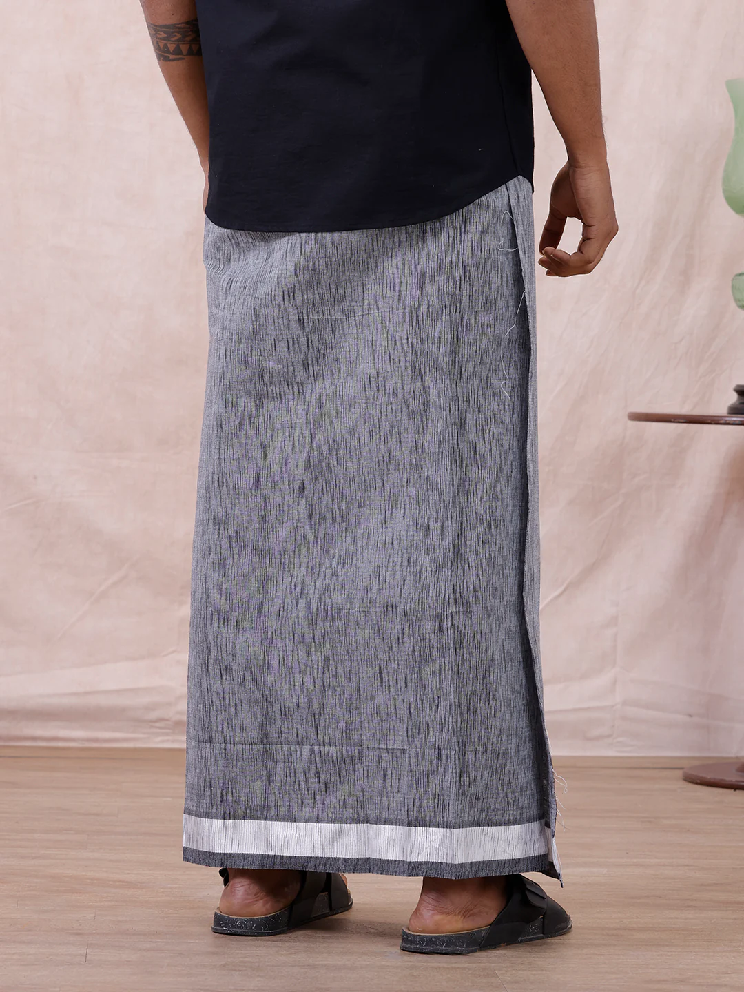 Men Cotton Blend Single Layer Grey Dhoti with Fancy Border Nitro Slub 01 - Image 4