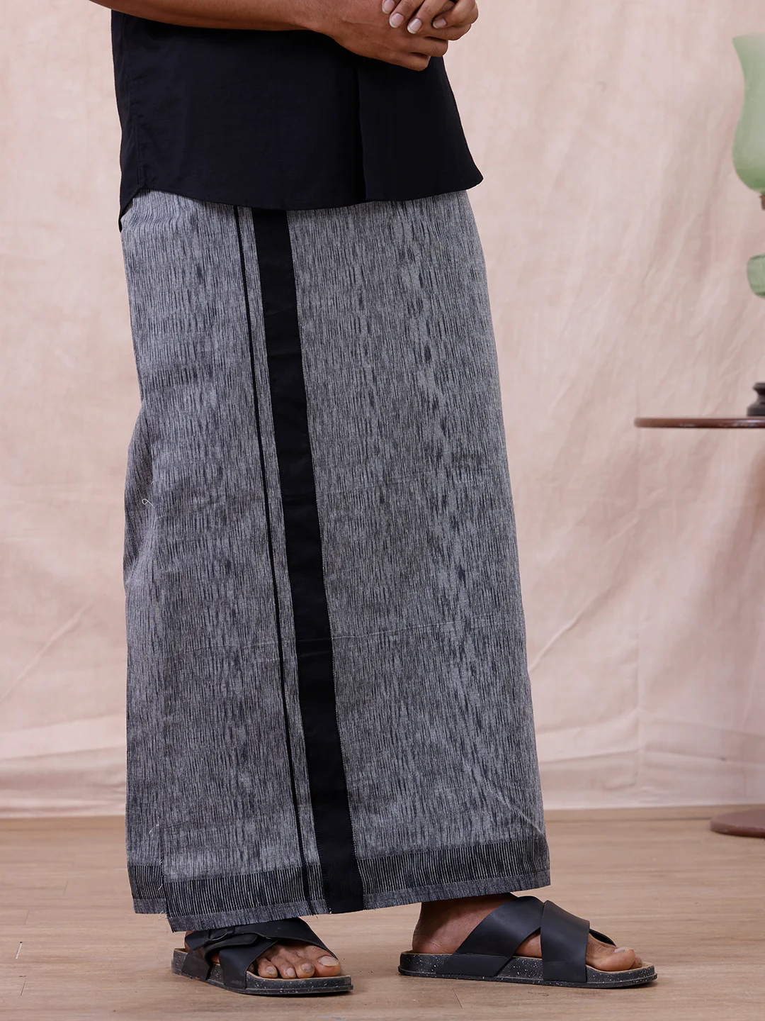 Men Cotton Blend Single Layer Grey Dhoti with Fancy Border Nitro Slub 02 - Image 2