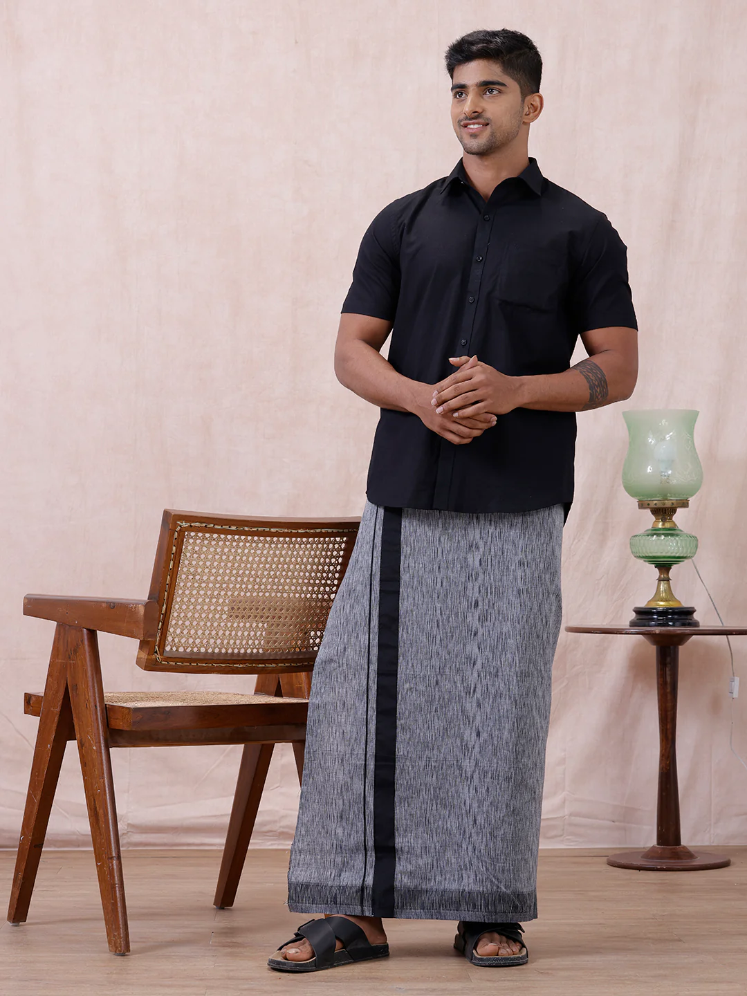Men Cotton Blend Single Layer Grey Dhoti with Fancy Border Nitro Slub 02 - Image 3