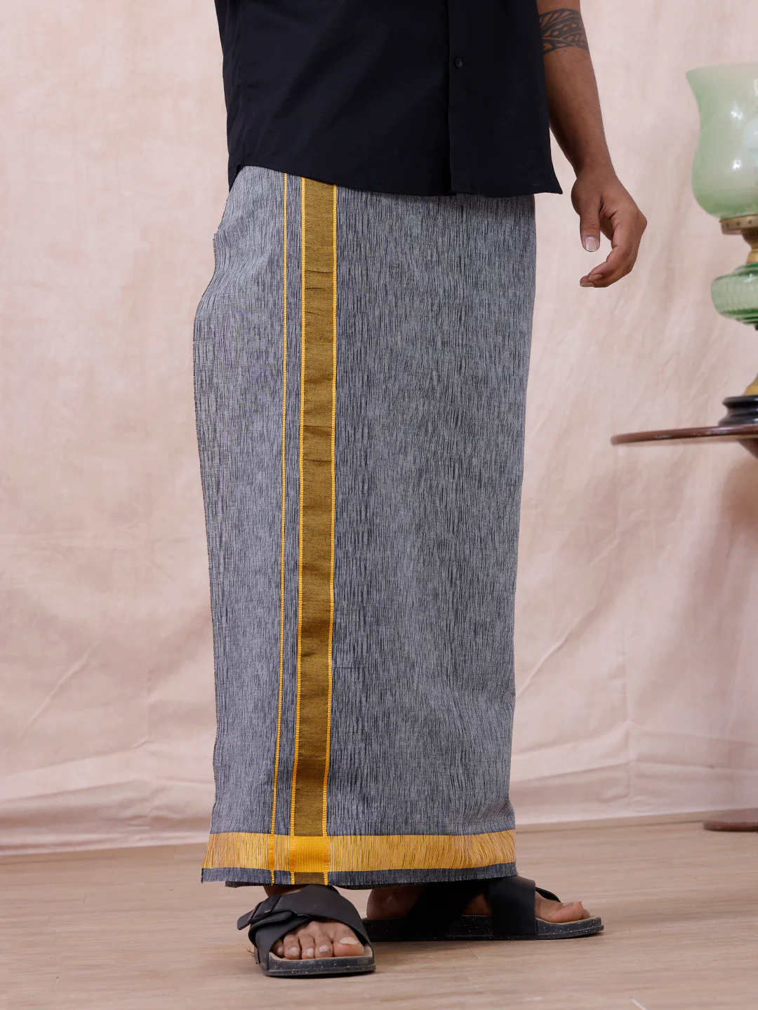 Men Cotton Blend Single Layer Grey Dhoti with Fancy Border Nitro Slub 03